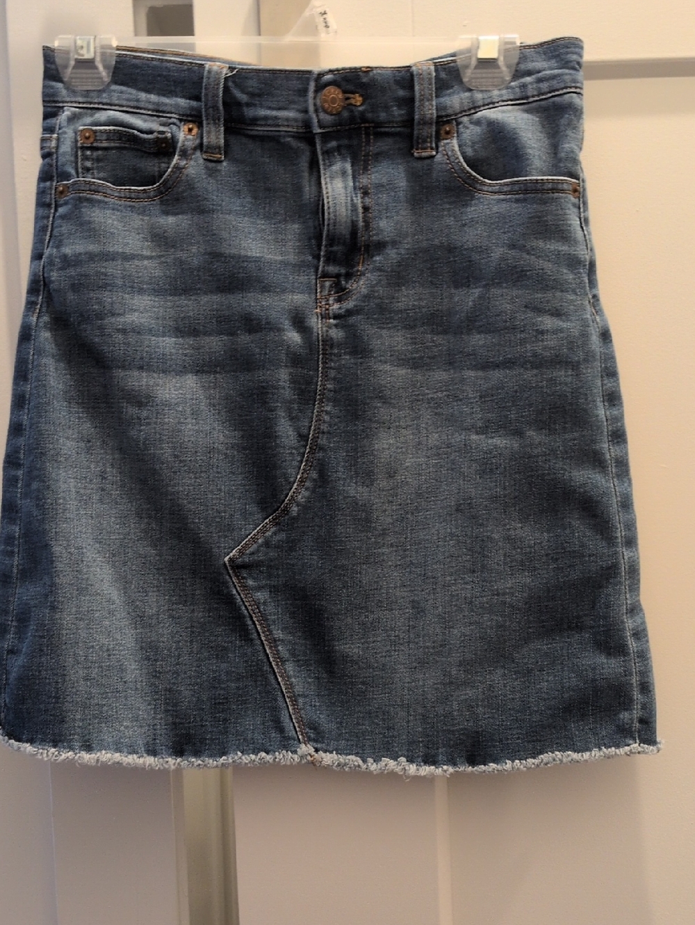 J. Crew Blue Denim A-Line Skirt with Frayed Hem.